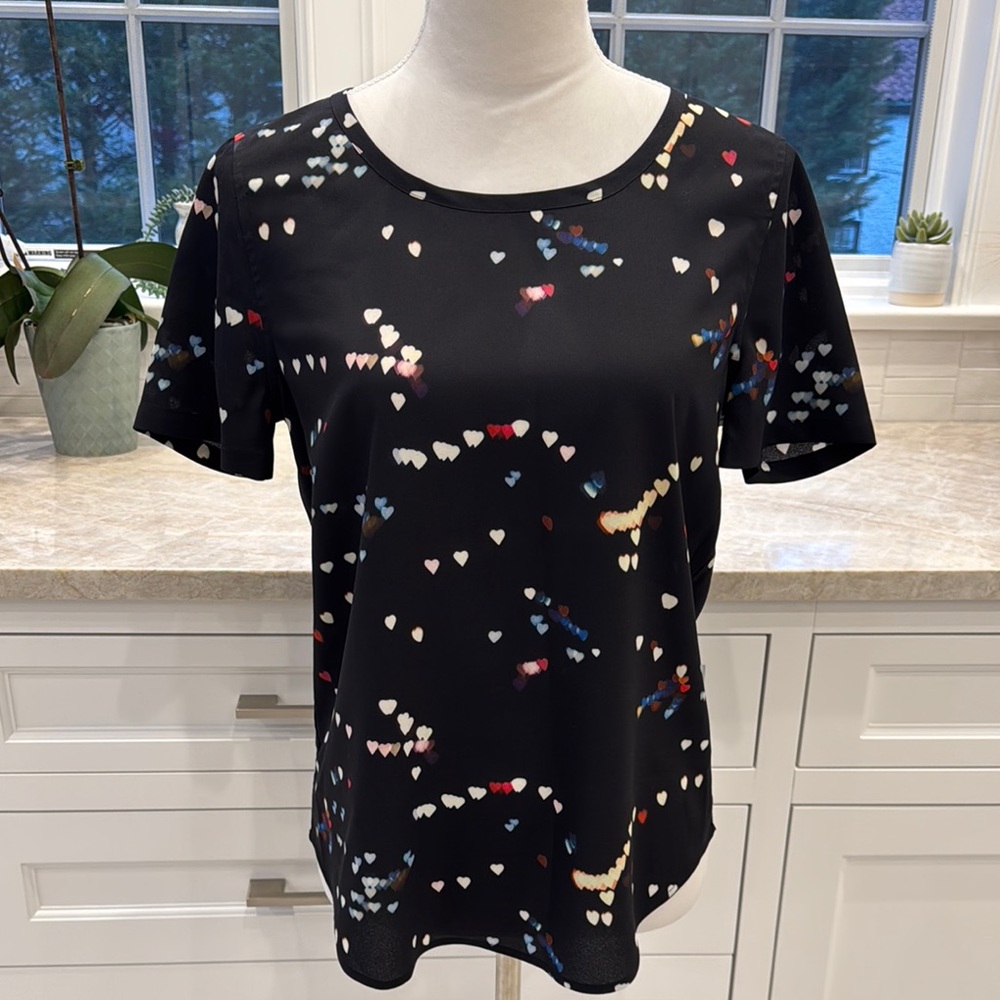 Equipment navy w/ multi-color hearts s/s blouse
